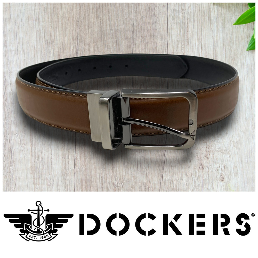 Dockers Brown and Black Reversible Dress Belt Men's Sz 38 Vegan Leather Nickel